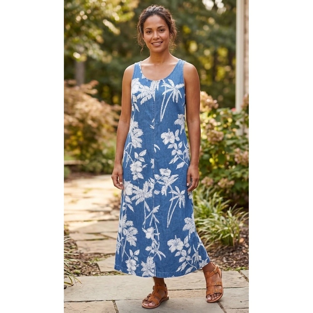 VTG Liz Claiborne Chambray Dress Denim Jean Cotton Hawaiian Maxi Beach Medium 10